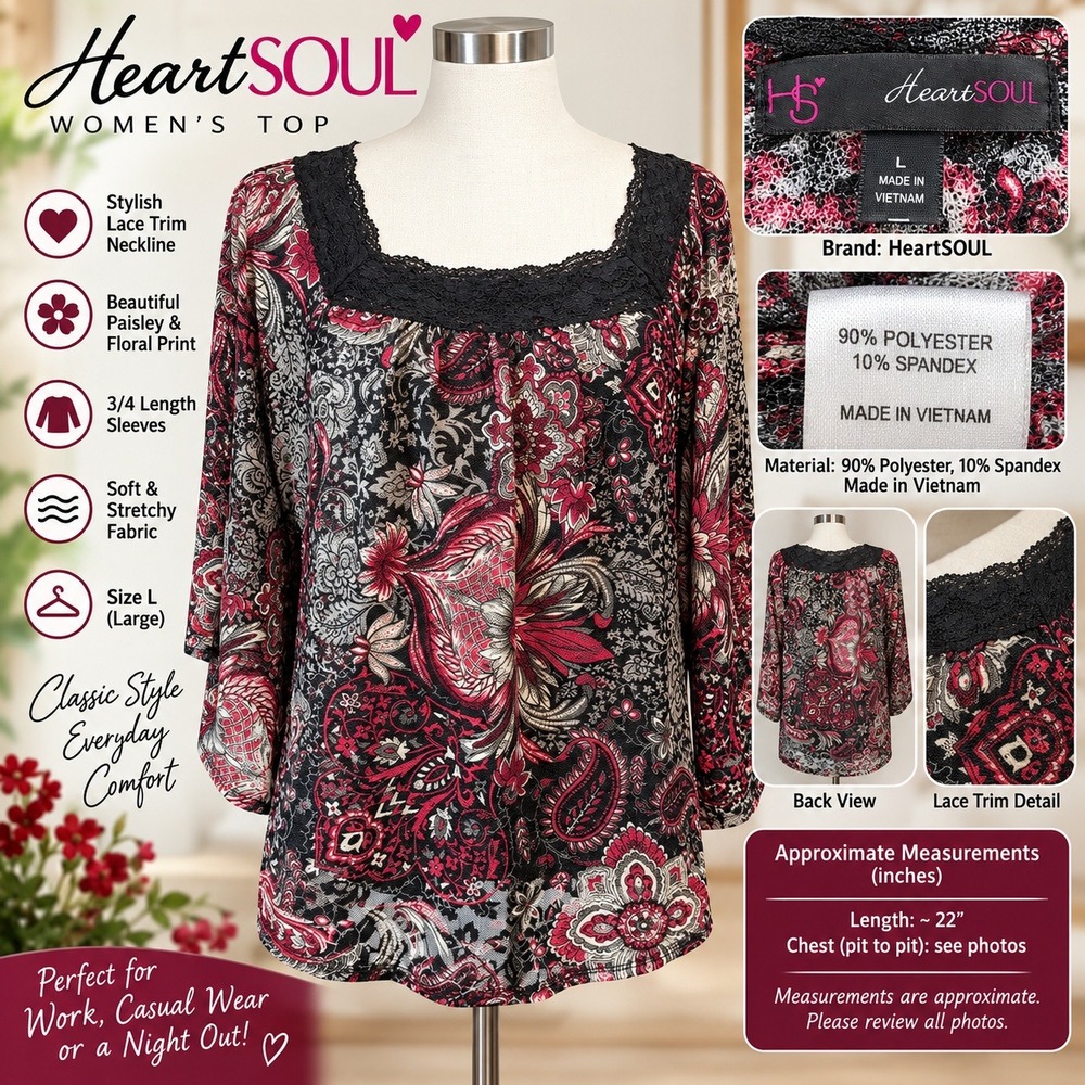 HeartSOUL Womens Paisley Floral Lace Trim 3/4 Sleeve Top Red Black L 22518EH50